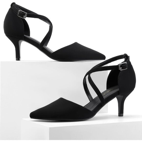 Women's Black Suede Polyurethane Pointed Toe Cross Strap Low Kitten Heel Pumps - Picture 5 of 6